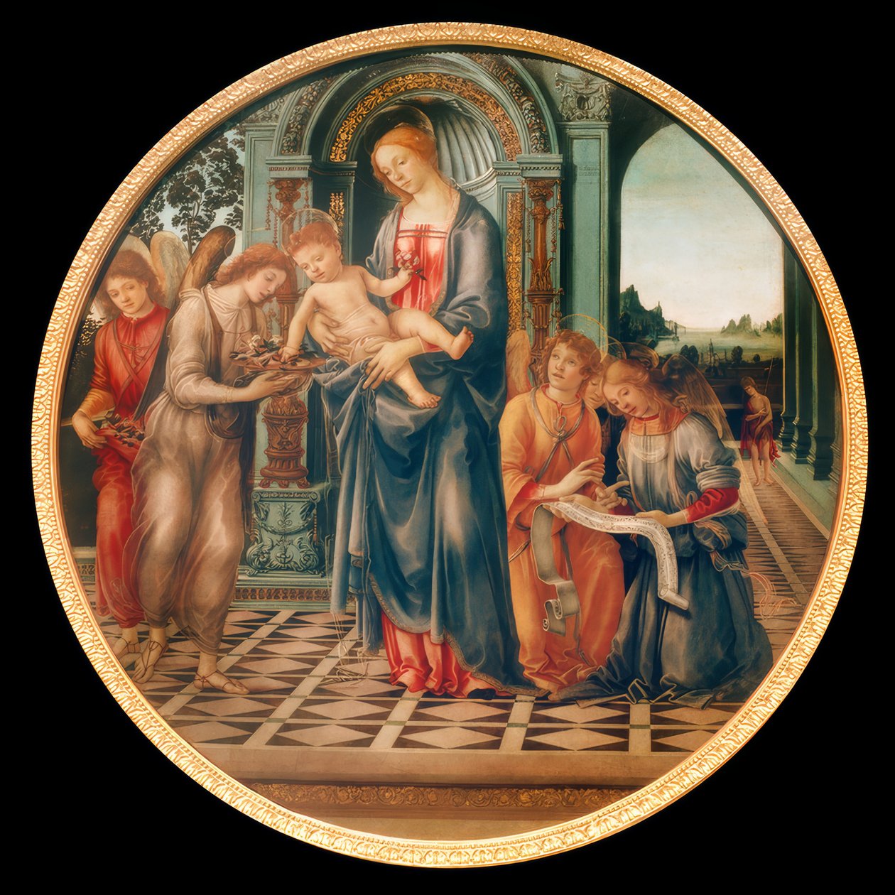Maria mit Kind, Engeln und Johannes dem Täufer von Filippino Lippi