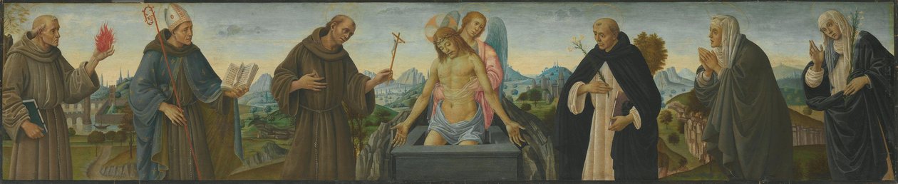 Schmerzensmann und sechs Heilige (Hll. Antonius von Padua, Ludwig von Toulouse, Franziskus, Dominikus, Klara und Katharina von Siena) von Filippino Lippi