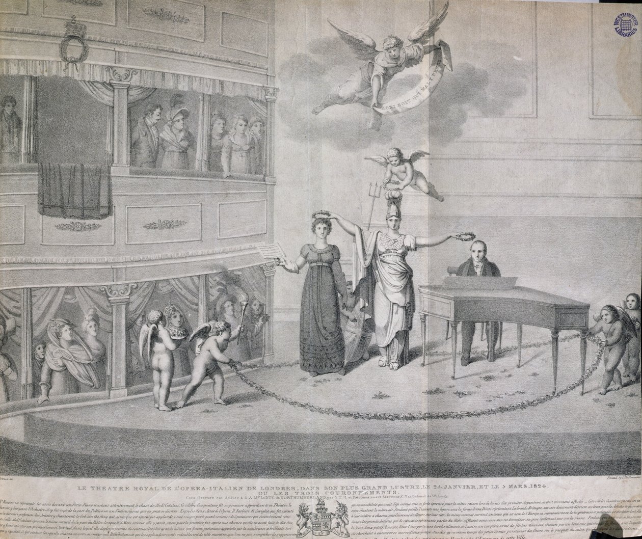 Das Theatre Royal der italienischen Oper in London in seinem größten Glanz am 24. Januar und 3. März 1824, oder Die drei Krönungen, gedruckt von Charles Hullmandel, 1824 von Filippo Pistrucci