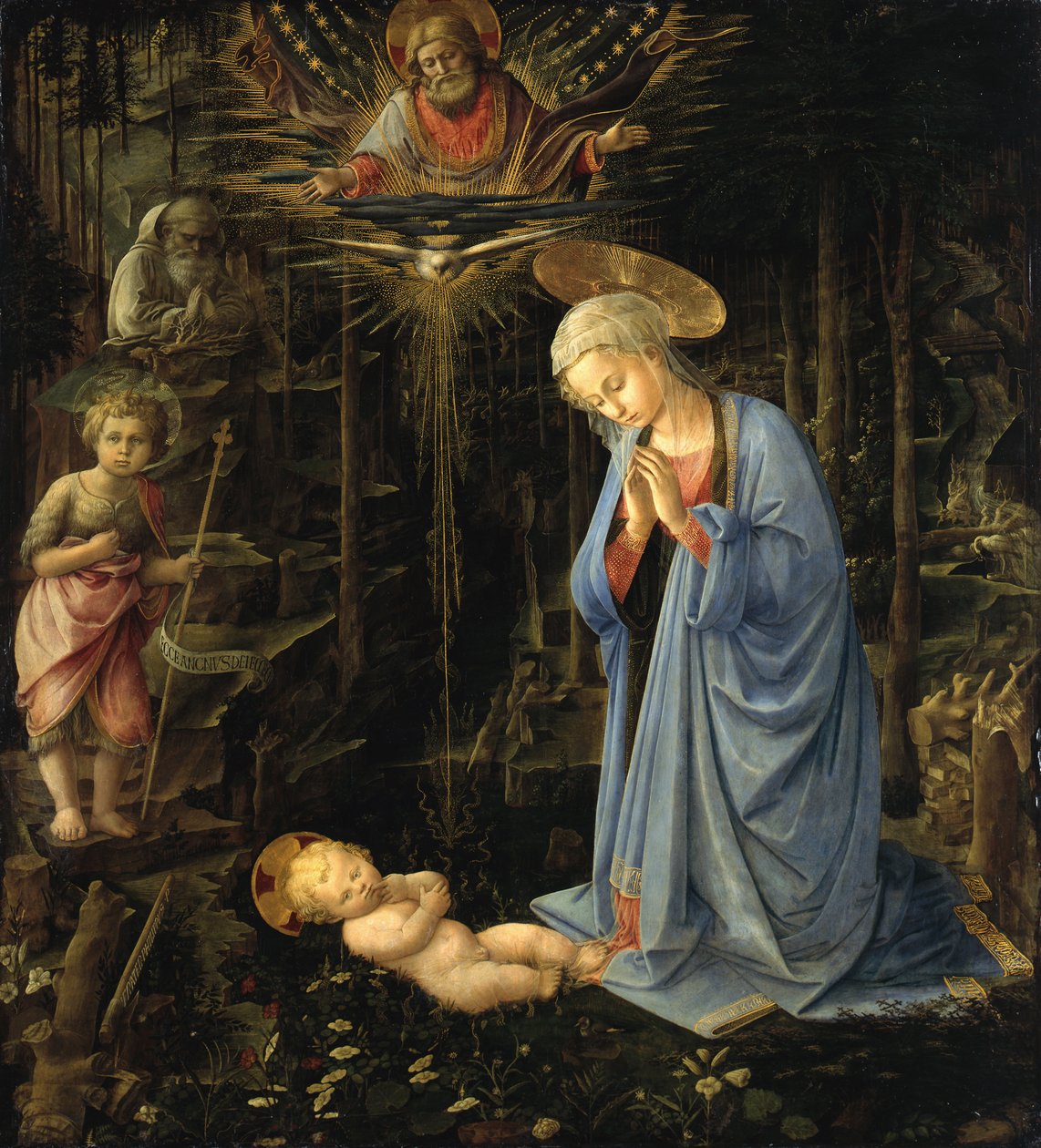 Die Jungfrau, die das Kind anbetet / Die Anbetung im Wald, Die Heilige Familie mit dem jungen St. Johannes von Filippo Lippi