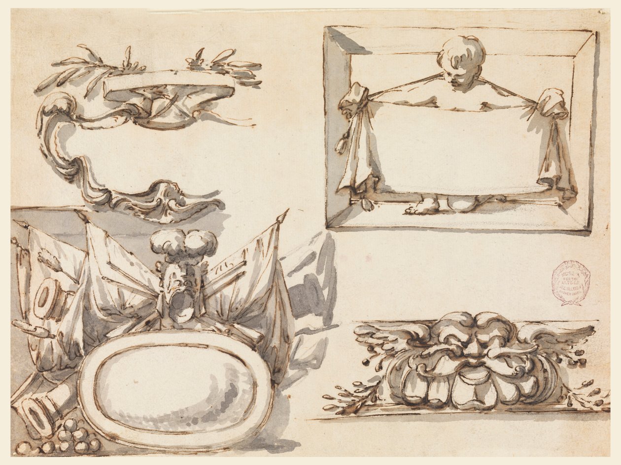 Ein Wappen, eine Trophäe, ein Etikett, ein dekoratives Motiv für ein Fries, 1750–1775 von Filippo Marchionni