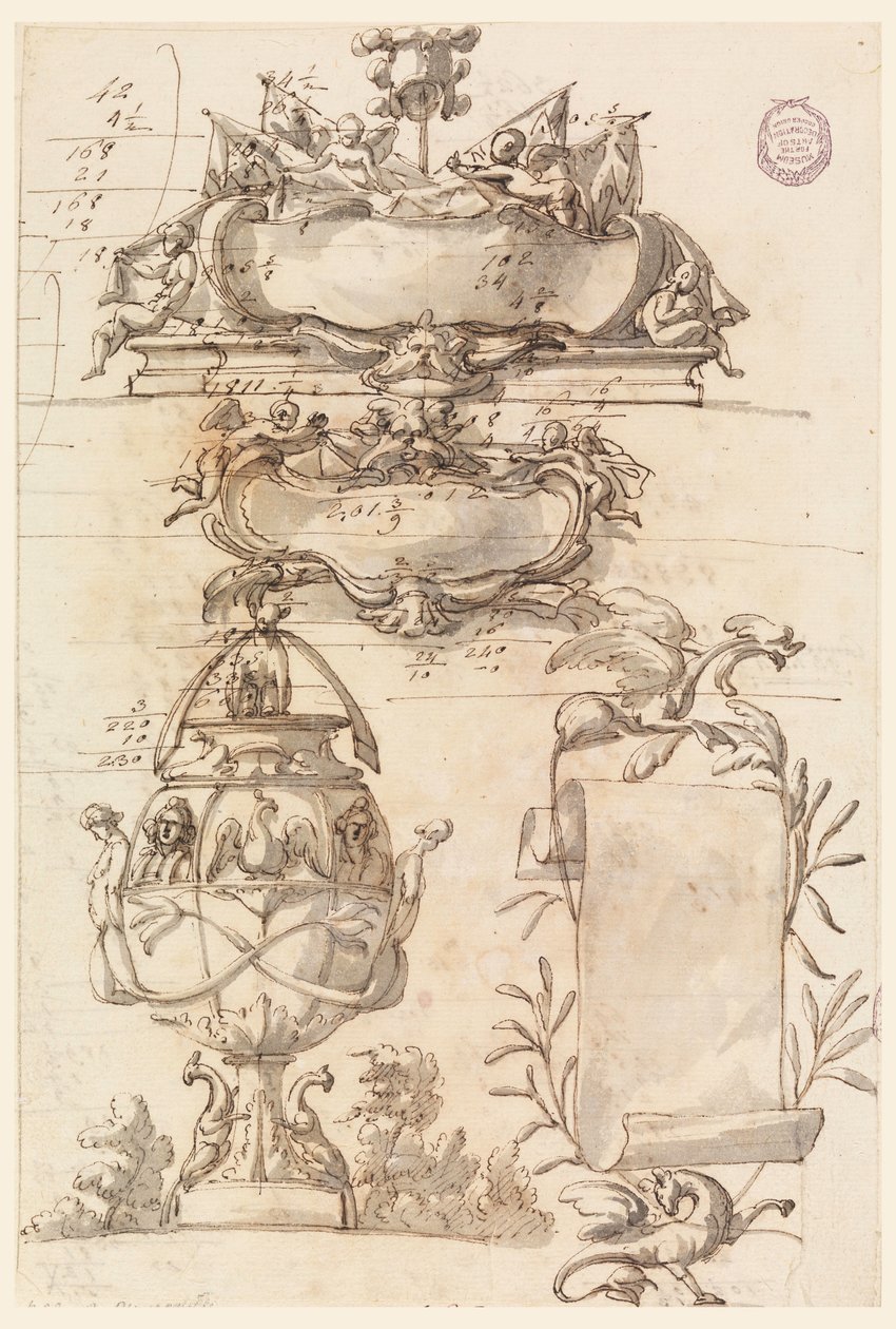 Zwei Wappenschilder, dekorative Vase und eine Schriftrolle von Filippo Marchionni