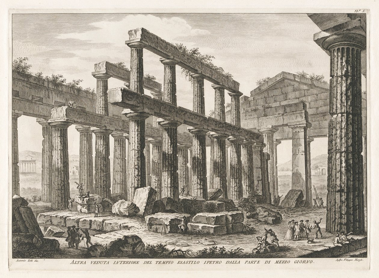 Eine andere Innenansicht des Hexastyle Hypaethral Tempels von Süden, aus Antichità di Pesto (Antiquitäten von Paestum) von Filippo Morghen