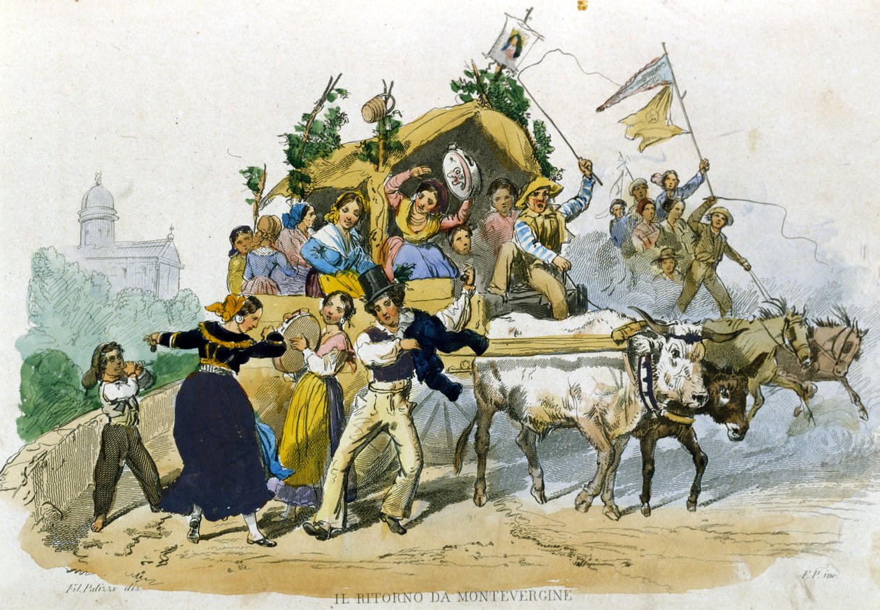 Neapolitaner kehren fröhlich von einem Ausflug nach Montevergine zurück. Zeichnung von F. Palizzi aus „Costumi del regno di Napoli“ von De Bourcard von Filippo Palizzi