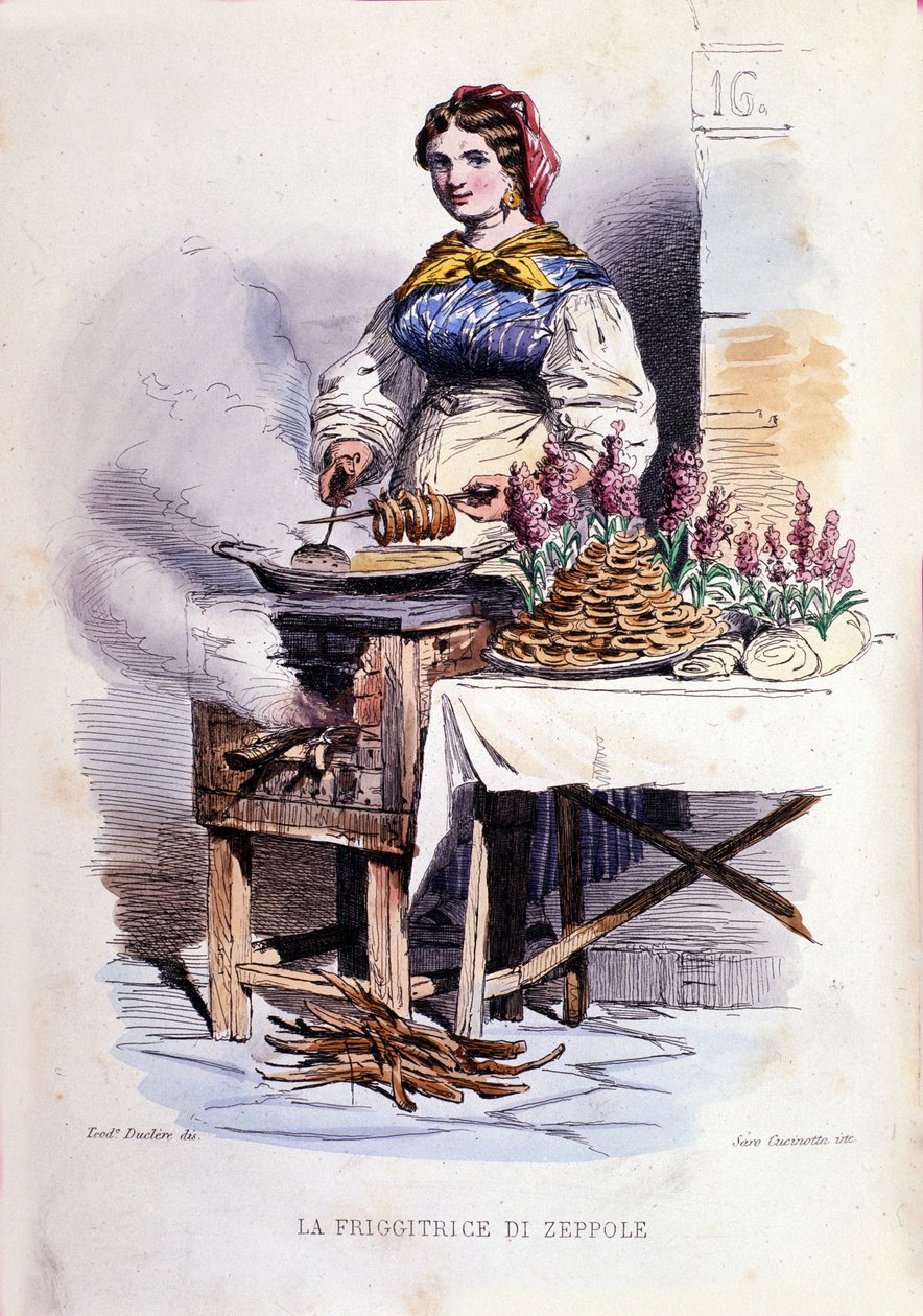 Kleingewerbe der Stadt Neapel: gehende Verkäuferin von Zeppolle, Spezialität der neapolitanischen Patisserie. Gravur nach einem Gemälde von F. Palizza. Aus einem Werk von Francesco de Bourcard „Costumi del regno di Napoli“ von Filippo Palizzi