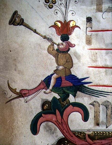 Missale 515 f.9r Figur, die ein Horn bläst, auf einem geschirrten Vogel montiert, Detail des dekorativen Randes aus einem Chorbuch vor 1449 (Detail) von Filippo di Matteo Torelli