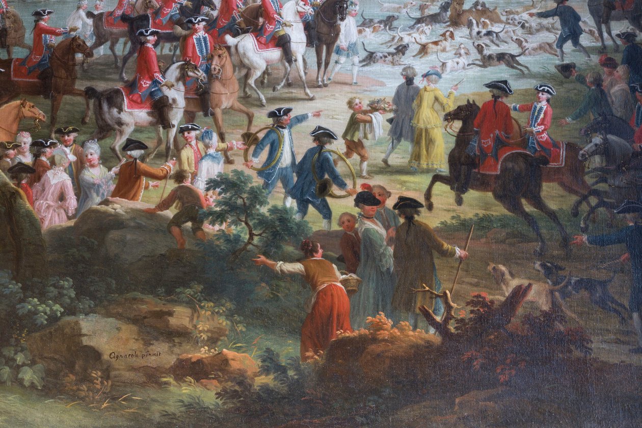 Hirschjagd (Caccia al cervo), von Vittorio Amedeo Cignaroli (1730-1800), Öl auf Leinwand, Saal der Knappen, Jagdresidenz, von Filippo Juvarra (1678-1736), Stupinigi, Piemont, Italien von Filippo or Juvara Juvarra