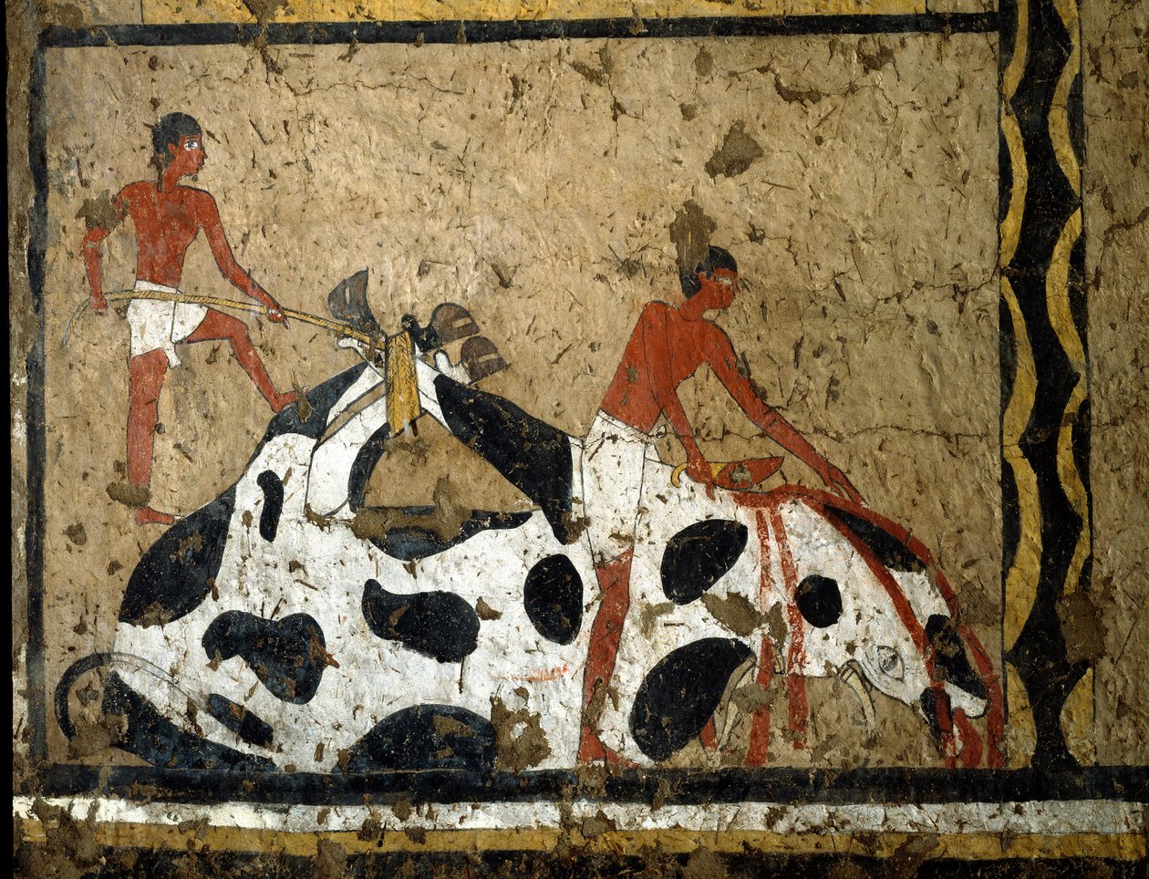 Ägyptische Antiquität: Ein Stier wird vor einem Sarkophag geopfert. Detrempe auf Ton und Stroh aus dem Grab des Generals und Kanzlers des Königs Iti in El Ghebelen bei Luxor. 2200-2000 v. Chr. Turin, Ägyptisches Museum von First Intermediate Period Egyptian