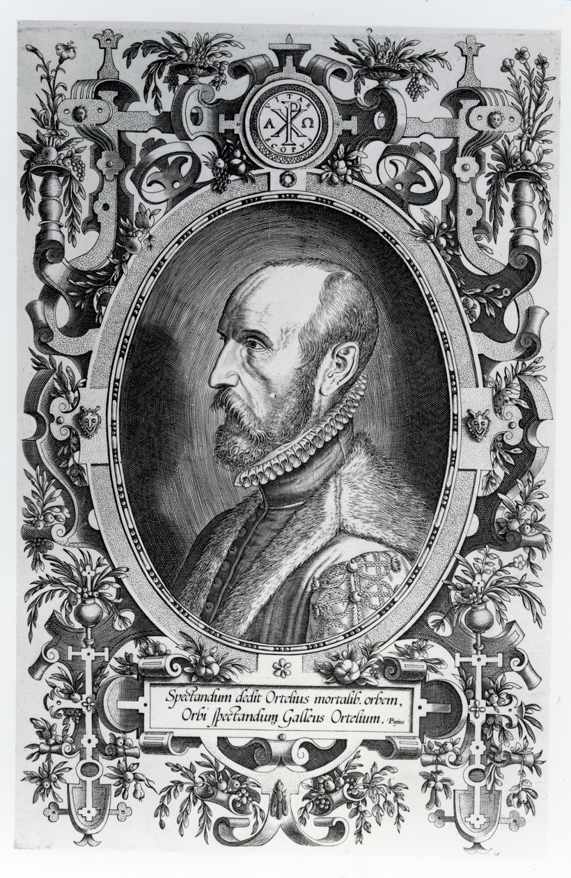 Abraham Ortelius, Frontispiz zu seinem Theatrum Orbis Terrarum, 1579 von Flemish School