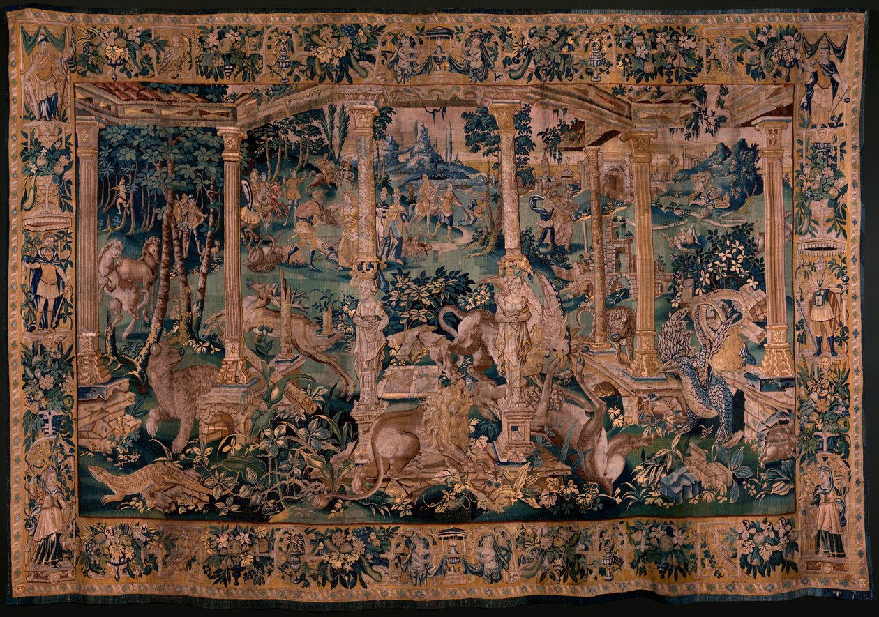 Flämische Tapisserie. Landschaft mit Pergola und großen Tieren. Version mit umfangreicher Pergola. Atelier von Oudenaarde. 340x498cm. Inv 00023. 17. Jahrhundert. von Flemish School