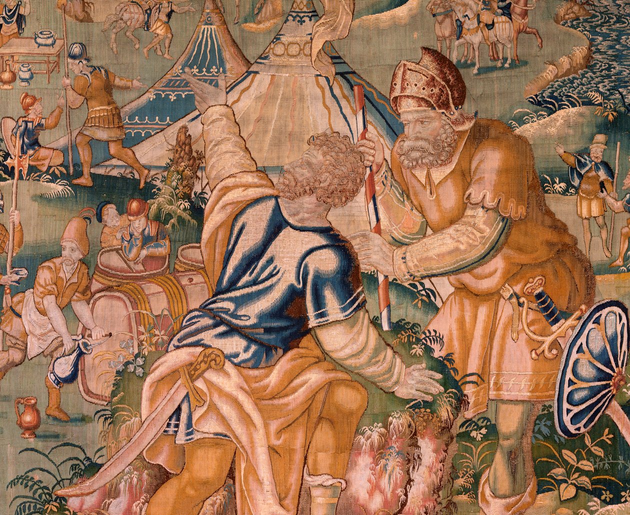 Flandrischer Wandteppich. Militärlager am Fluss Granikos. Atelier von Oudenaarde. 17. Jahrhundert. von Flemish School