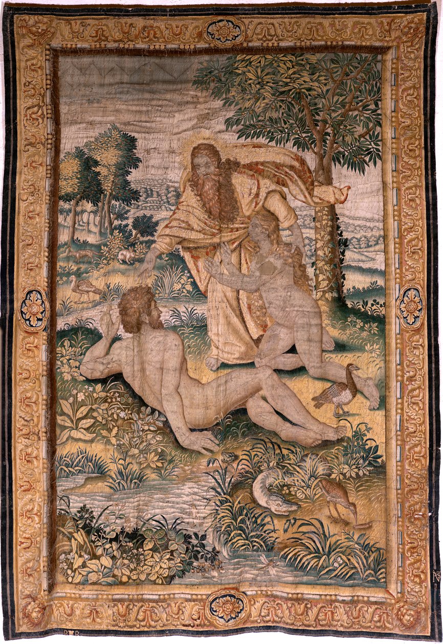 Flämischer Wandteppich. Serie Genesis oder Die Schöpfung des Menschen. Gott erschafft die Frau und stellt sie Adam vor. Modell basierend auf Michiel Coxcie. Herstellung Jan Aerst in Brüssel. Ca. 1630. Stoff Seide und Wolle. von Flemish School
