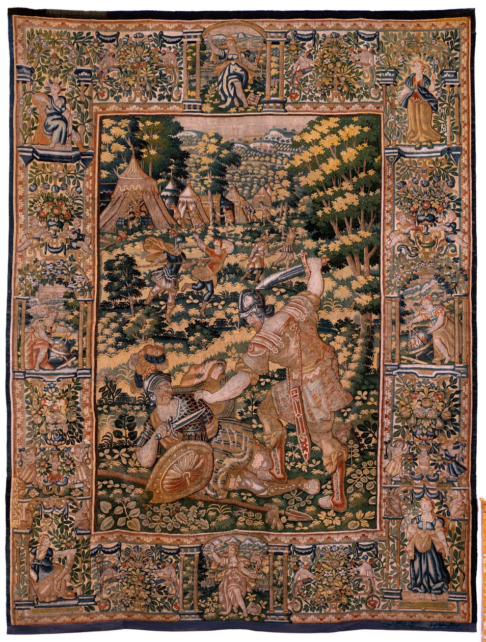 Flämischer Wandteppich. Serie Geschichte von Cyrus. Nr. V Kampf zwischen zwei Kriegern und der Tod von Cyrus (Combate de dos guerreros y muerte de Ciro). Anonym, basierend auf Michiel Coxcie. Atelier Antwerpen. Seide und Wolle. Ca 1590. von Flemish School