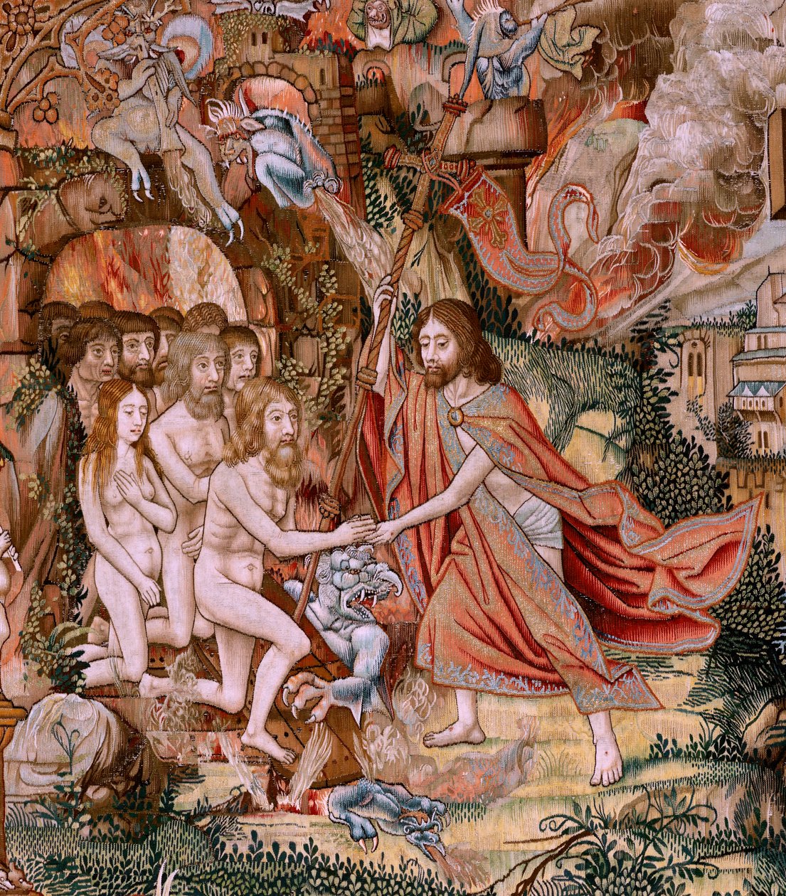 Flandrischer Wandteppich. Serie Die Passion Christi. Die Kreuzabnahme. Zweite Wandteppichserie der Passion Christi, die zum Patrimonio Nacional gehört. Modellzeichner aus dem Kreis von Jan van Roome. Herstellung Pieter van Aelst, Brüssel. von Flemish School