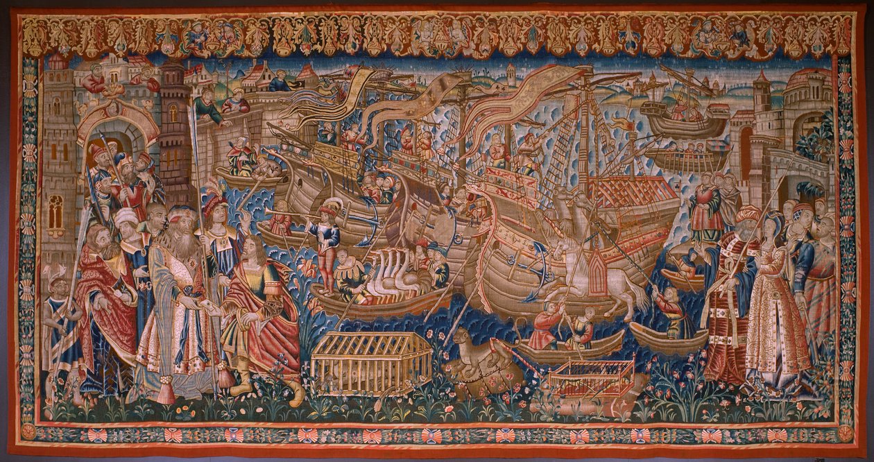 Flämischer Wandteppich. Serie Die Portugiesen in Indien: Die Ankunft in Calicut. Ca 1510. Sammlung Caixa Geral de Depósitos, Lissabon. von Flemish School