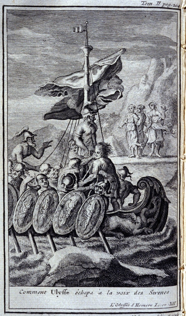 Wie Odysseus der Stimme der Sirenen entkam. Illustration für Buch XII der Odyssee von Homer, veröffentlicht in Amsterdam 1731, Privatsammlung Mailand von Flemish School