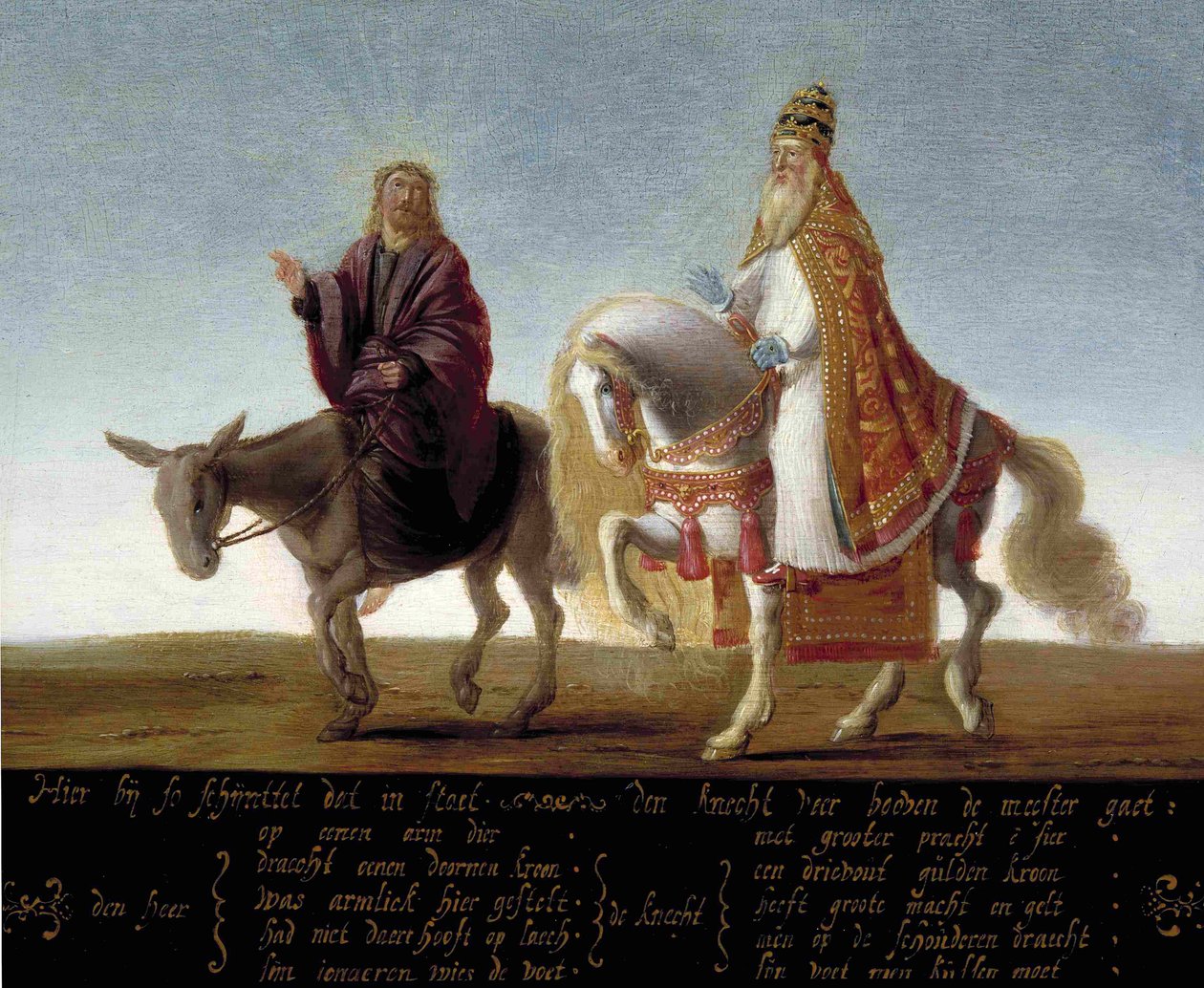 Jesus auf einem Esel neben dem reich gekleideten Papst von Flemish School