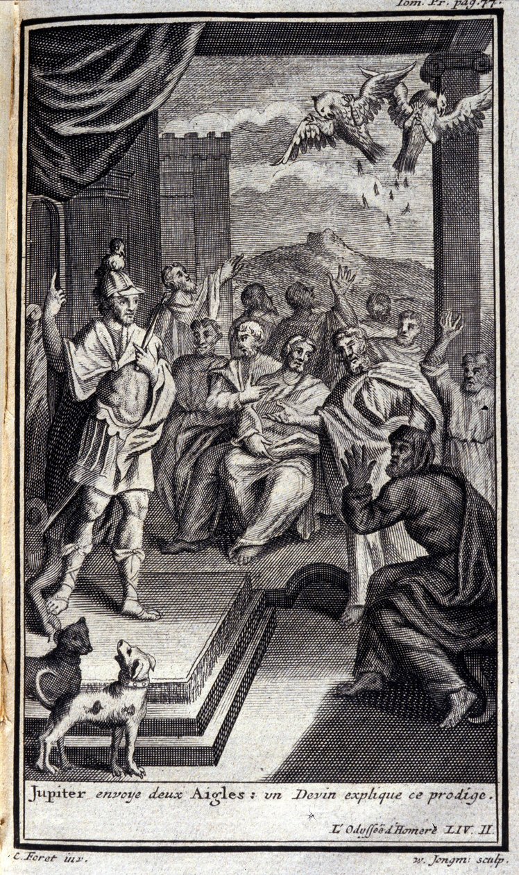 Jupiter sendet zwei Adler: ein Wahrsager erklärt dieses Wunder. Illustration für Buch II der Odyssee von Homer, veröffentlicht in Amsterdam 1731, Privatsammlung Mailand von Flemish School