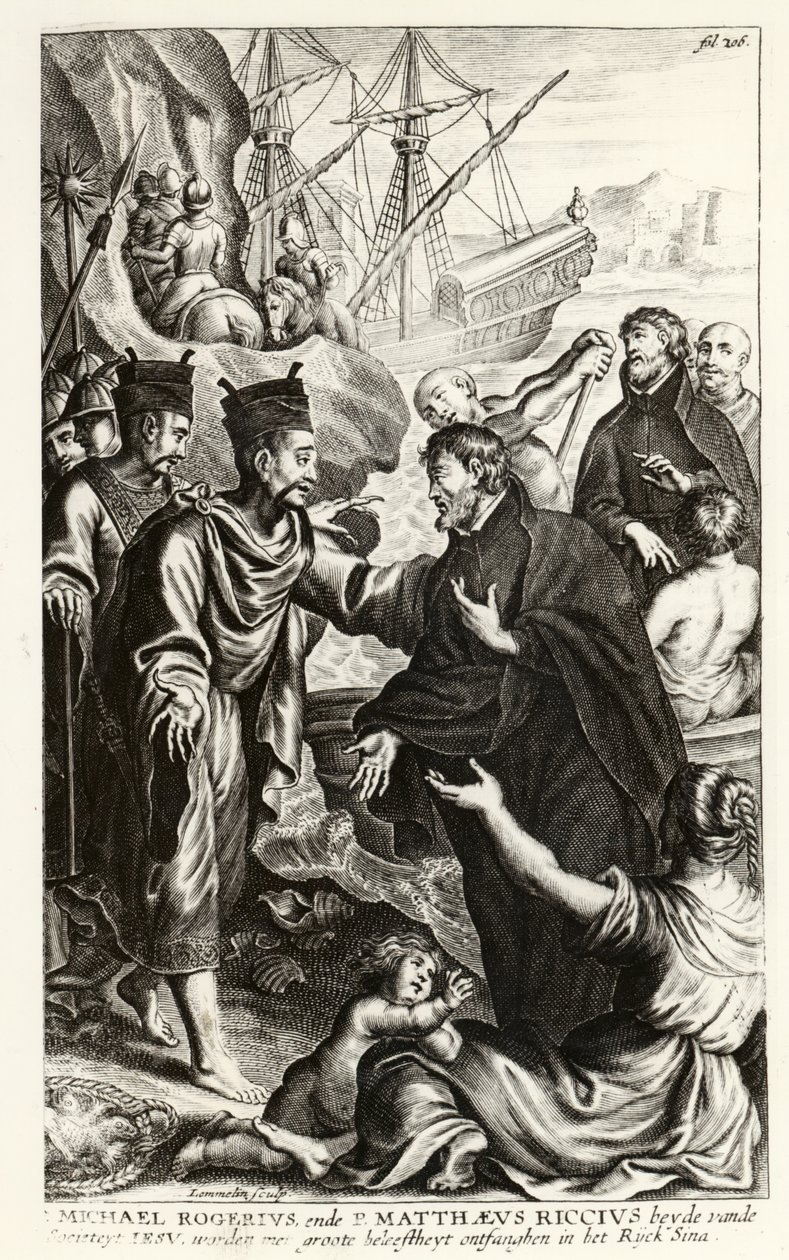 Michael Rogerius (1543-1607) und Matthaeus Riccius (1552-1610) kommen an der Küste Chinas an, Illustration aus einer Kirchengeschichte von P. Cornelius Hazart, veröffentlicht in Antwerpen, 1668 von Flemish School