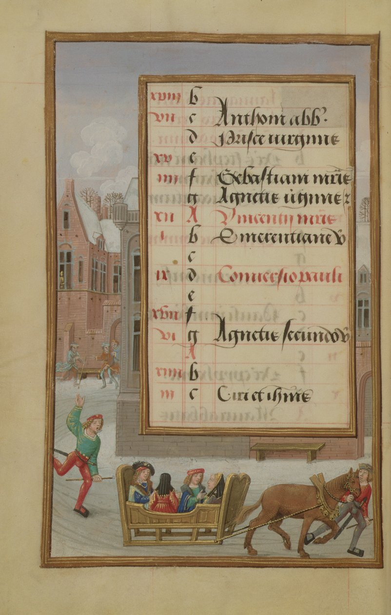 Ms 1058-1975 f1v Straßenszene im Schnee, illuminierte Kalenderseite für Januar, aus einem Stundenbuch, ca. 1500 von Flemish School