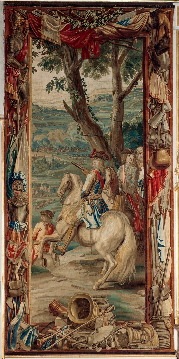 Palast. Flämischer Wandteppich. Brüsseler Atelier Judocus De Vos. Entwurf Lambert De Hondt. Maximilian II. Emanuel und zwei Infanteristen. Wolle und Seide. Ca. 1715 - 1724 von Flemish School