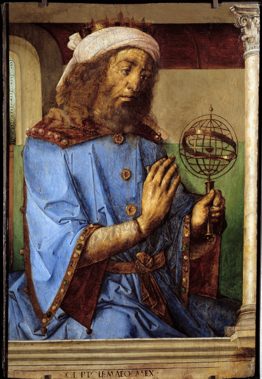 Porträt von Ptolemaios (Claudius Ptolemaeus, ca. 90-168), griechischer Astronom. Gemälde von Pedro Berruguete (ca. 1450-vor 1504) und Justus von Gent (1435-1480) von Flemish School
