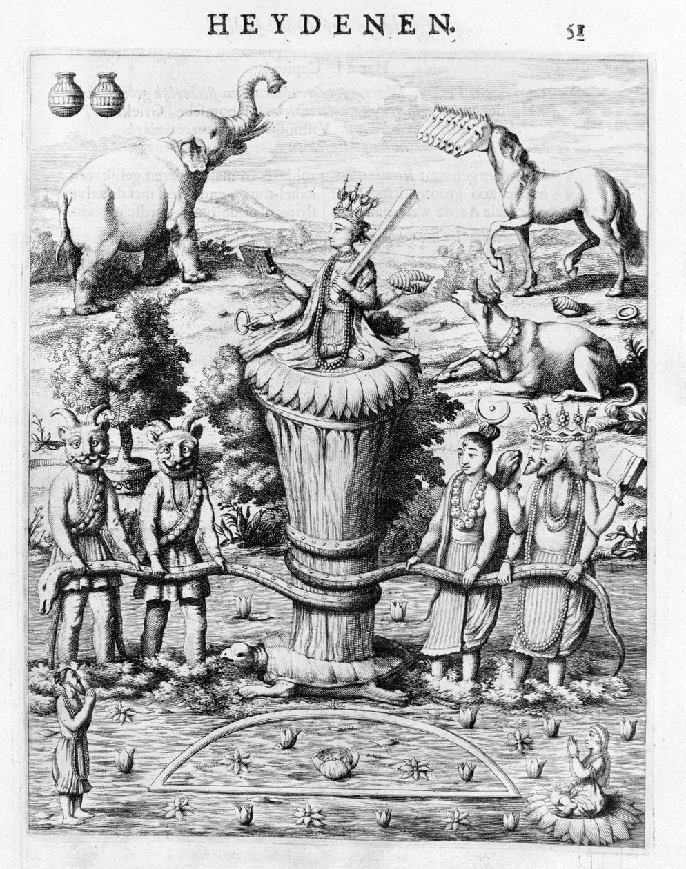 Samudramathana, mit der Teilnahme von Deva (Surya, Shiva, Vishnu, Brahma) mit Dämonen und Reittieren. Nach Baldaeus Philippus Afgoderye der oost-indische Heydenen. Amsterdam 1672 von Flemish School