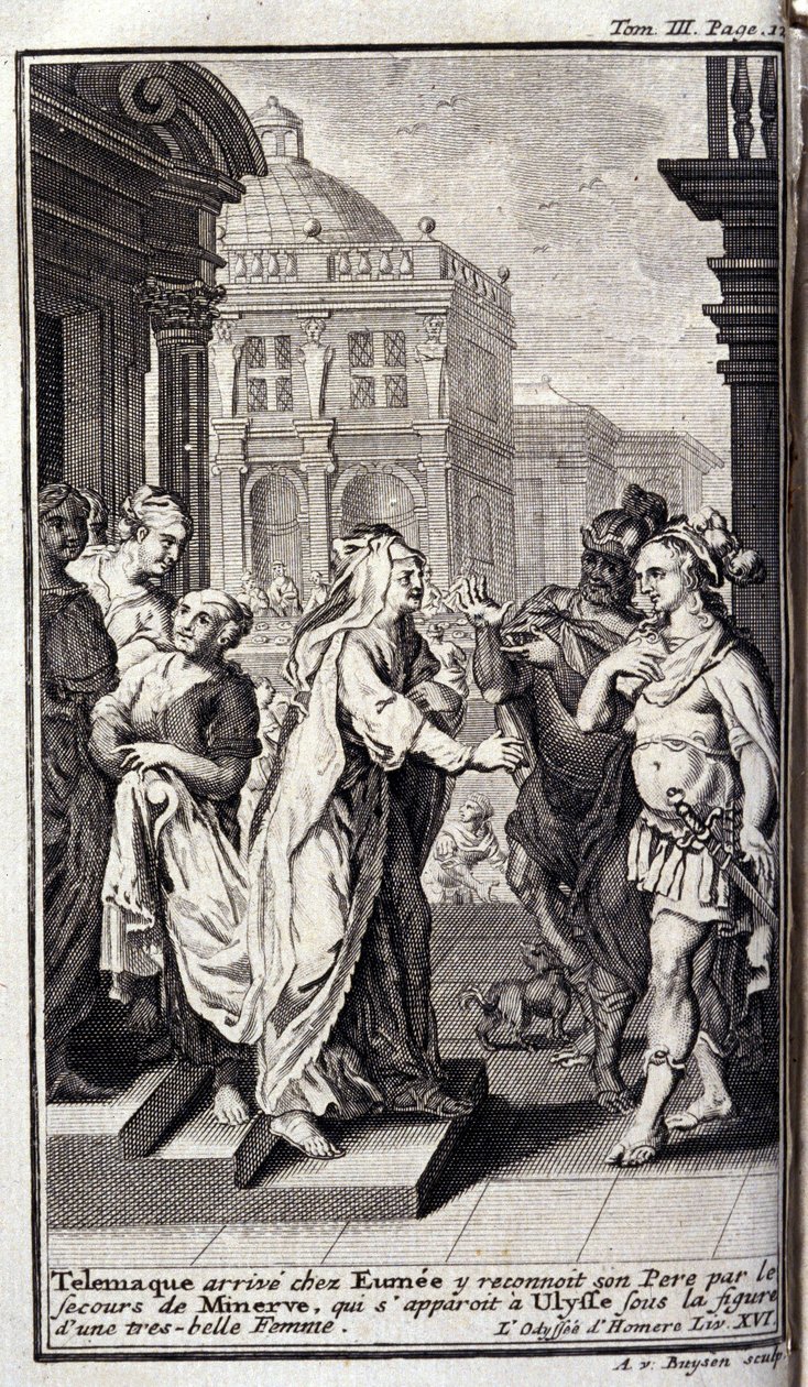 Telemach kommt im Haus von Eumaios an, erkennt seinen Vater mit Hilfe von Athene, die in der Gestalt einer schönen Frau erscheint. Illustration für Buch XVI der Odyssee von Homer, veröffentlicht in Amsterdam 1731, Privatsammlung Mailand von Flemish School