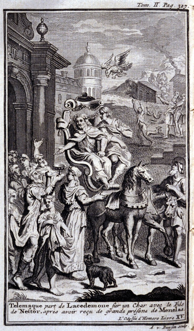 Telemach verlässt Lakedaimon auf einem Wagen mit Nestors Sohn nach Erhalt großer Geschenke von Menelaos. Illustration für Buch XV der Odyssee von Homer, veröffentlicht in Amsterdam 1731, Privatsammlung Mailand von Flemish School