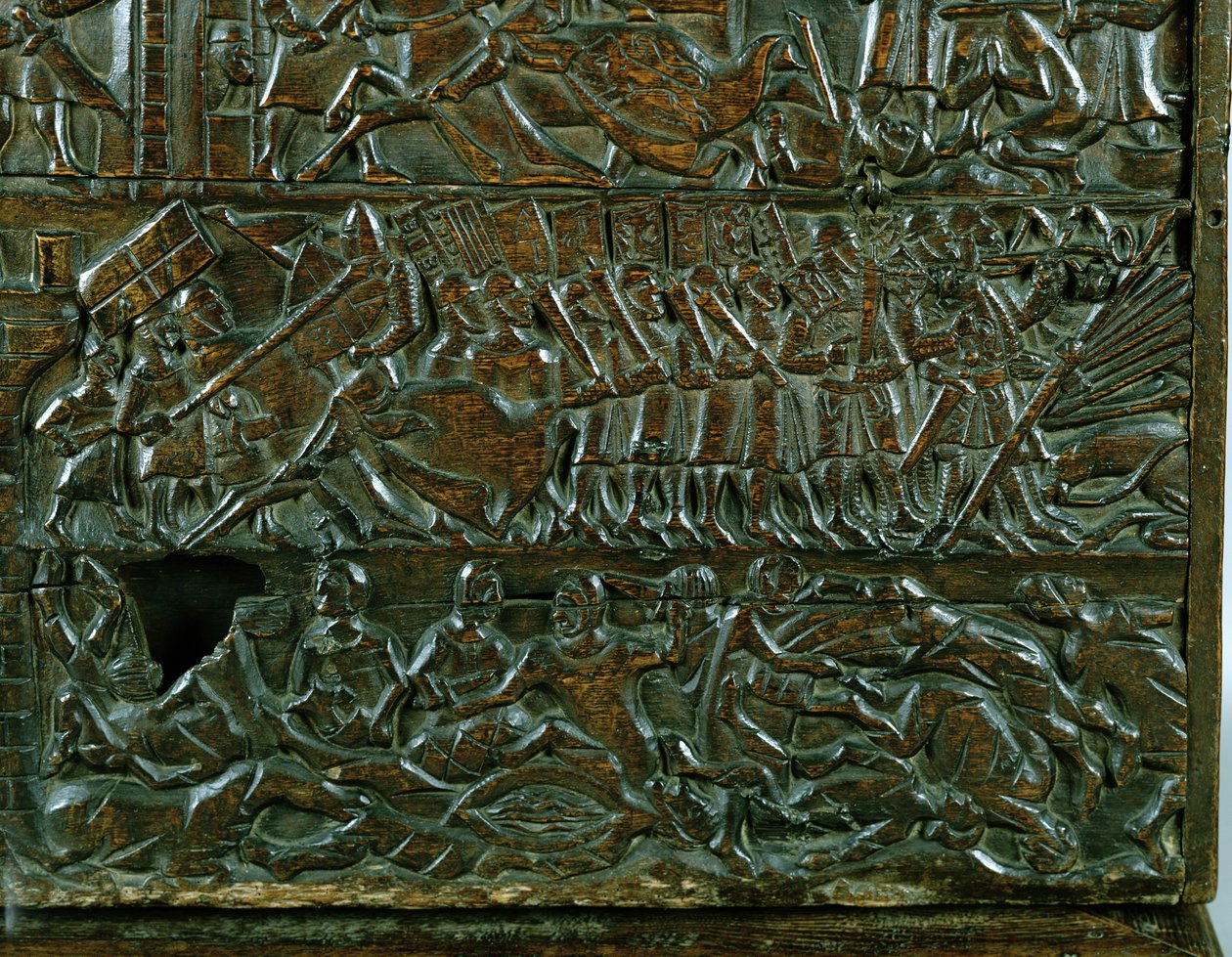 Die Courtrai-Truhe, die die flämische Schlachtlinie während der Schlacht der Goldenen Sporen in Courtrai 1302 darstellt (Detail) von Flemish School