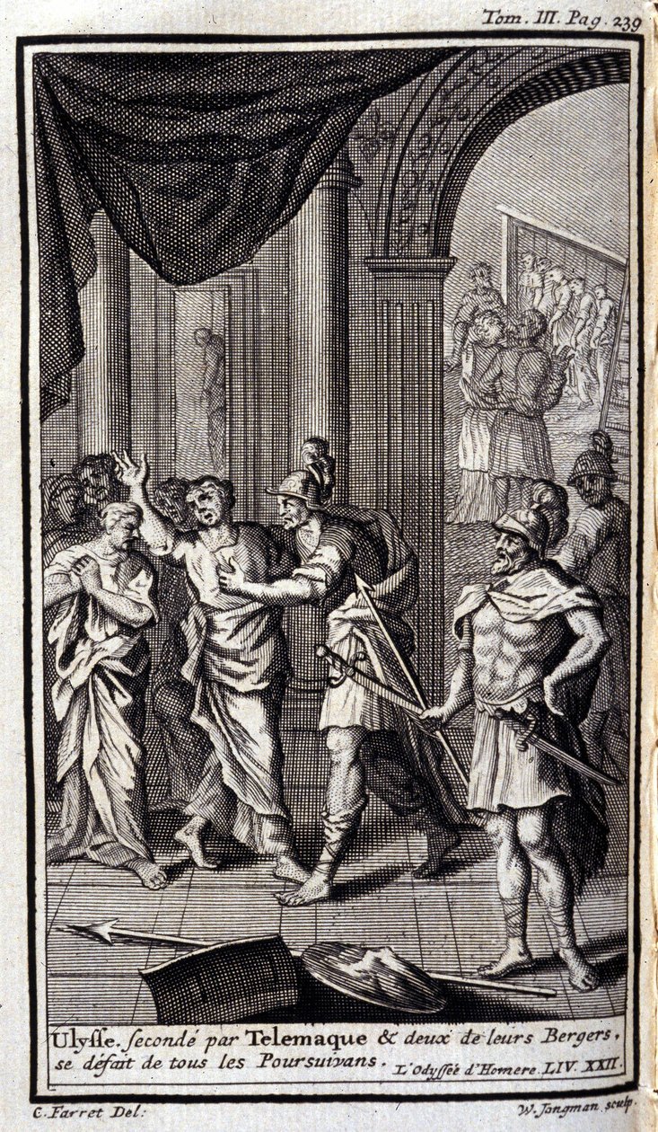 Odysseus, unterstützt von Telemachos und zwei ihrer Hirten, vertreibt alle Verfolger. Illustration für Buch XXII der Odyssee von Homer, in der Odyssee, veröffentlicht in Amsterdam 1731, Privatsammlung Mailand. von Flemish School