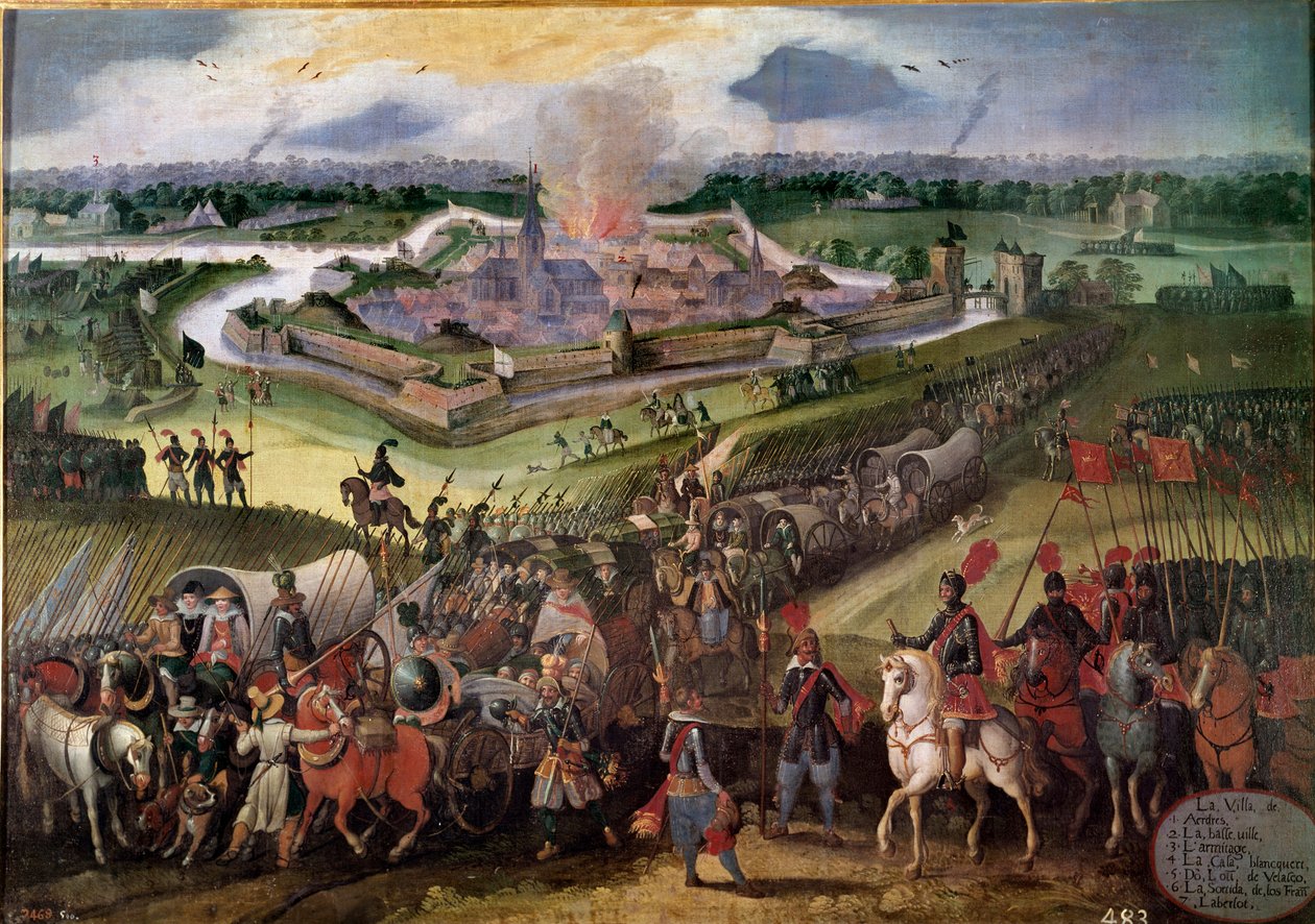 Krieg gegen die Niederlande: Blick auf die Stadt Ardres: Erzherzog Albrecht von Österreich eroberte die Stadt 1596. Gemälde der flämischen Schule des 17. Jahrhunderts. Real Monasterio de El Escorial, El Escorial, Spanien von Flemish School