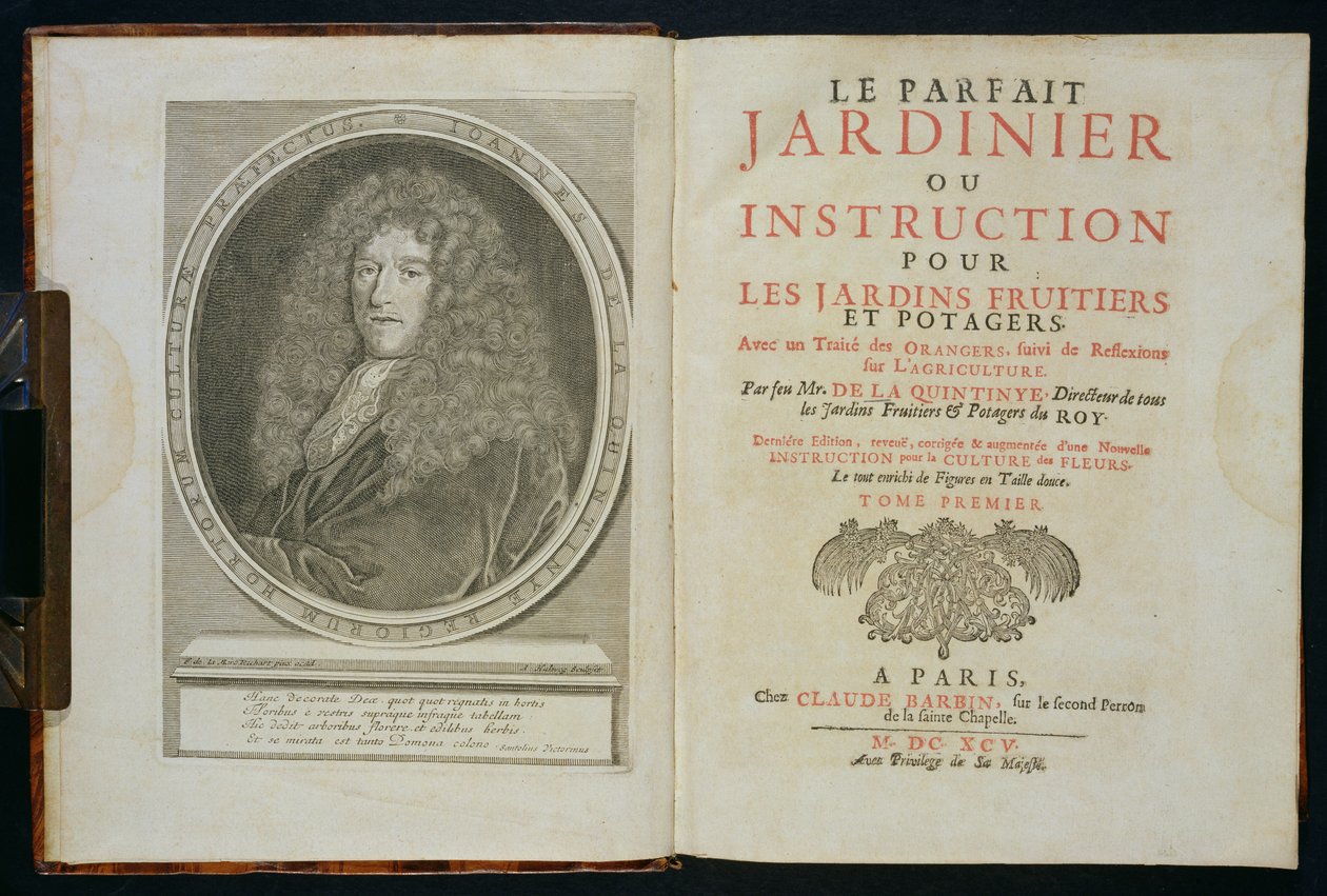Titelblatt und Porträt-Frontispiz des Autors, aus Le Parfait Jardinier, ou Instruction pour les Jardins Fruitiers et Potager, von Jean de la Quintinye, veröffentlicht 1695 von Florent Richard de Lamarre