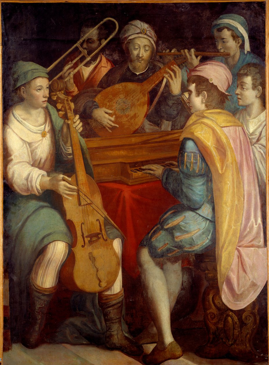 Konzert. Lautenmusiker, Spinett, Posaune und Viola da Gamba von Florentine School