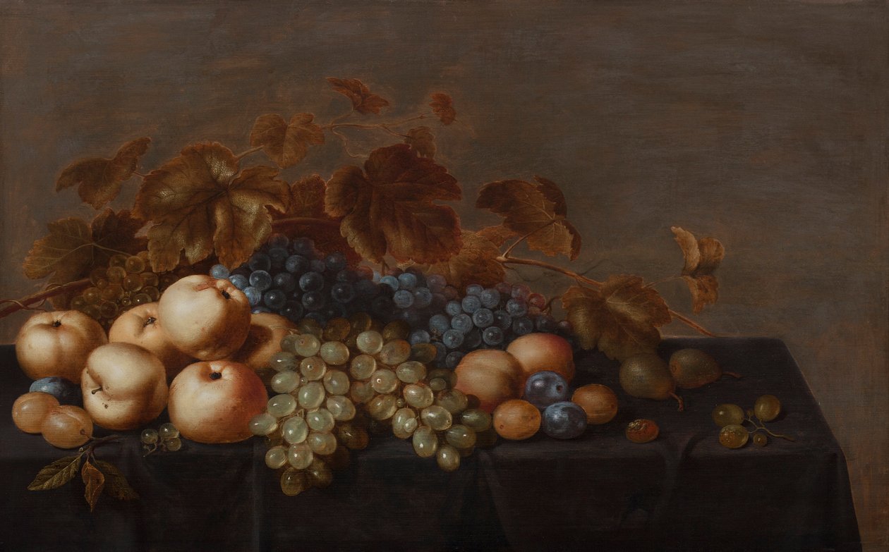 Stillleben von Obst auf einem mit einem dunklen Tuch bedeckten Tisch: Pflaumen, Äpfel, Trauben und Birnen von Floris Gerritsz van Schooten