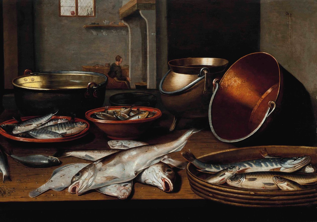 Eine Kücheninnenansicht mit Fisch und Utensilien auf einem Tisch von Floris van Schooten