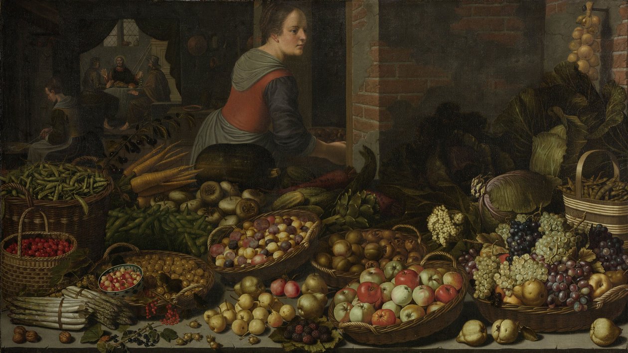 Stillleben mit Obst und Gemüse, mit Christus in Emmaus im Hintergrund, ca. 1630 von Floris Gerritsz van Schooten