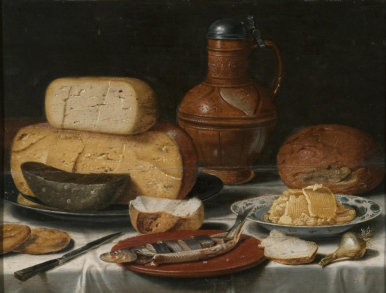 Stillleben mit Käse, Hering, Brot und Wein von Floris van Schooten
