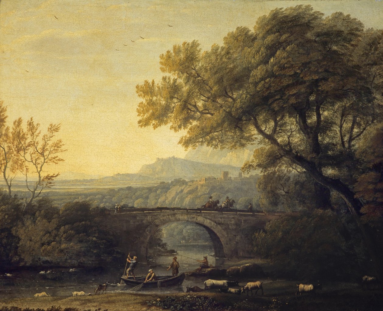 Landschaft mit einer Brücke von Follower of Claude Lorrain