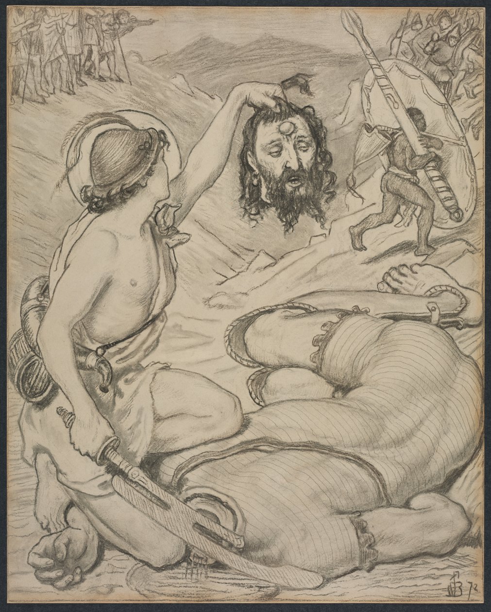 David und Goliath, Entwurf für ein Glasfenster am Jesus College, Cambridge von Ford Madox Brown