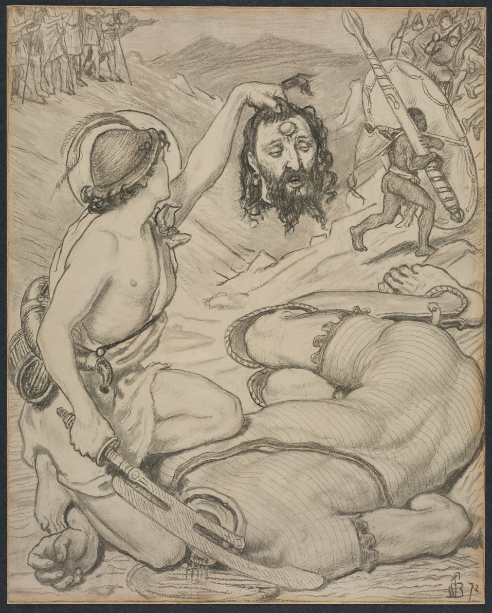David und Goliath, Karton für Glasfenster im Jesus College, Cambridge, 1872 von Ford Madox Brown