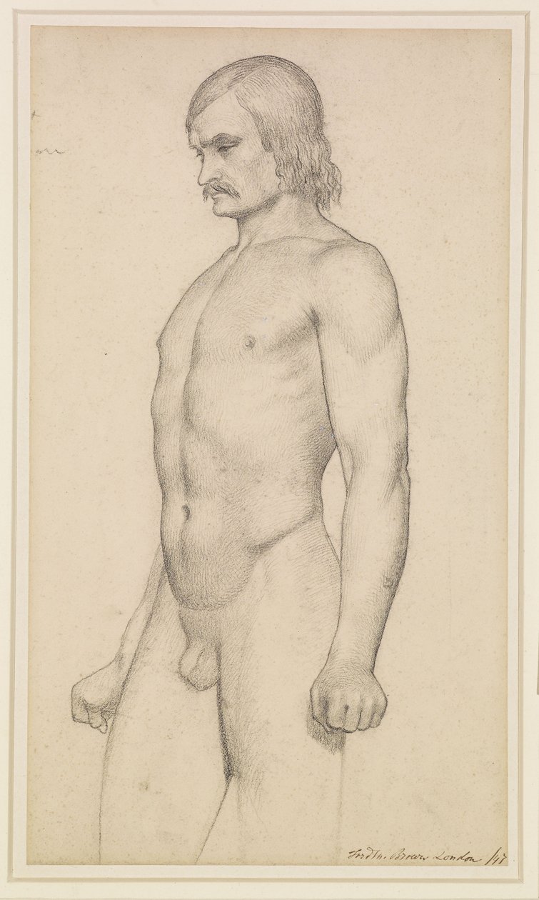 Männlicher Akt - Akademische Studie, Dreiviertelakt mit Schnurrbart und geballten Fäusten von Ford Madox Brown