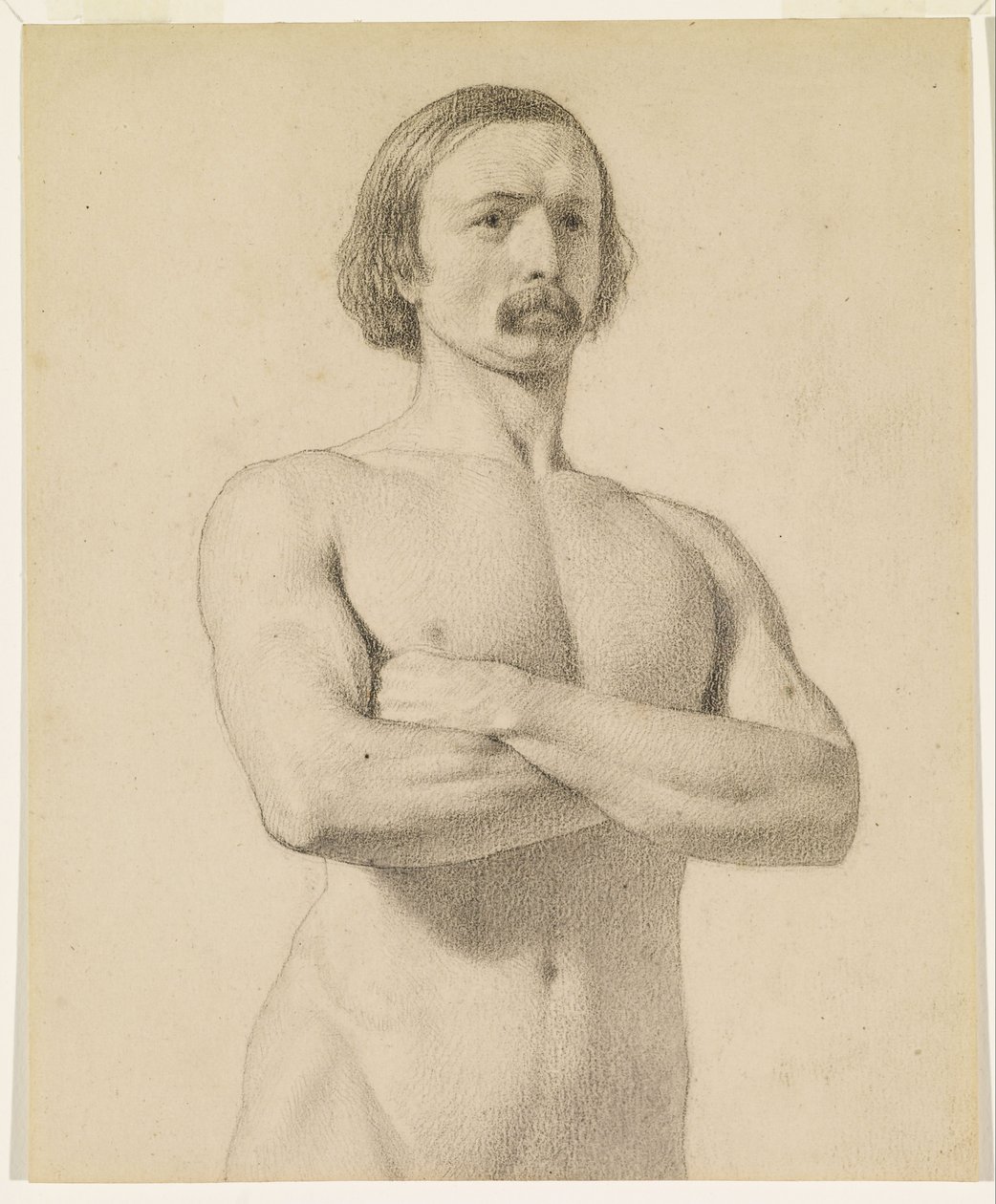 Männlicher Akt - Akademische Aktstudie, Halbfigur mit Schnurrbart und verschränkten Armen von Ford Madox Brown