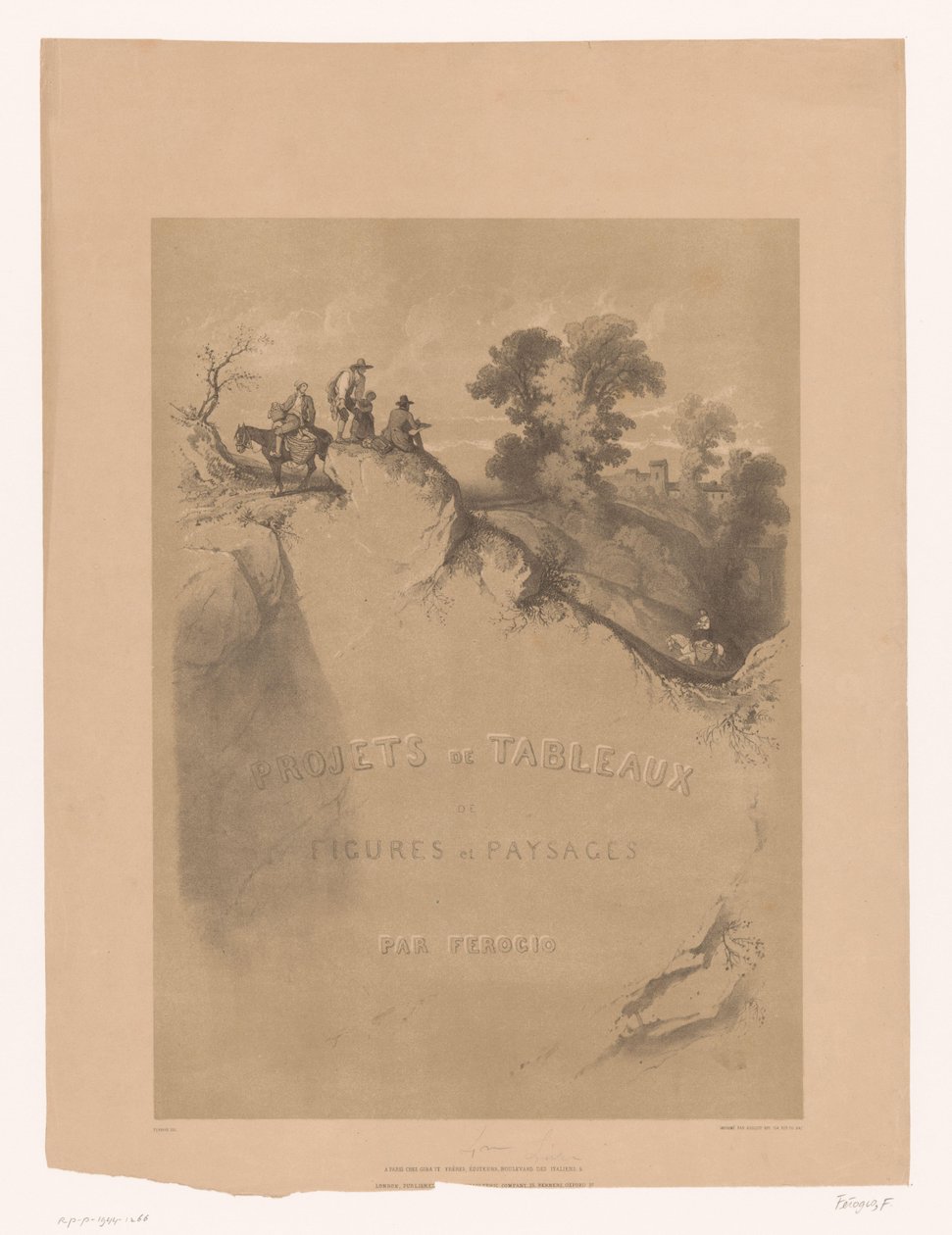 Titelblatt mit Felslandschaft und Reisenden entlang einer Schlucht von Fortuné Ferogio