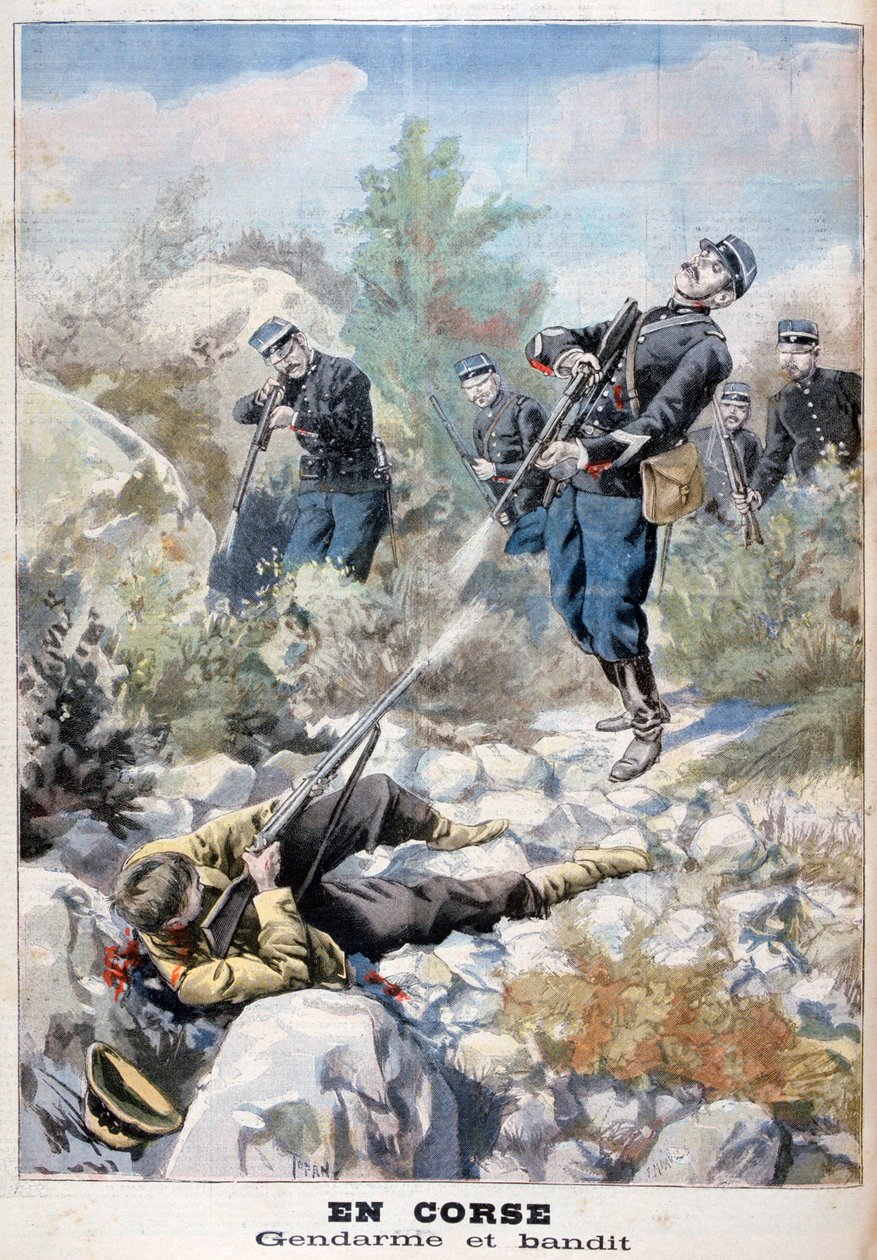 Ein Schusswechsel zwischen einem Banditen und der Gendarmerie, Korsika, 1898 von Fortuné Méaulle