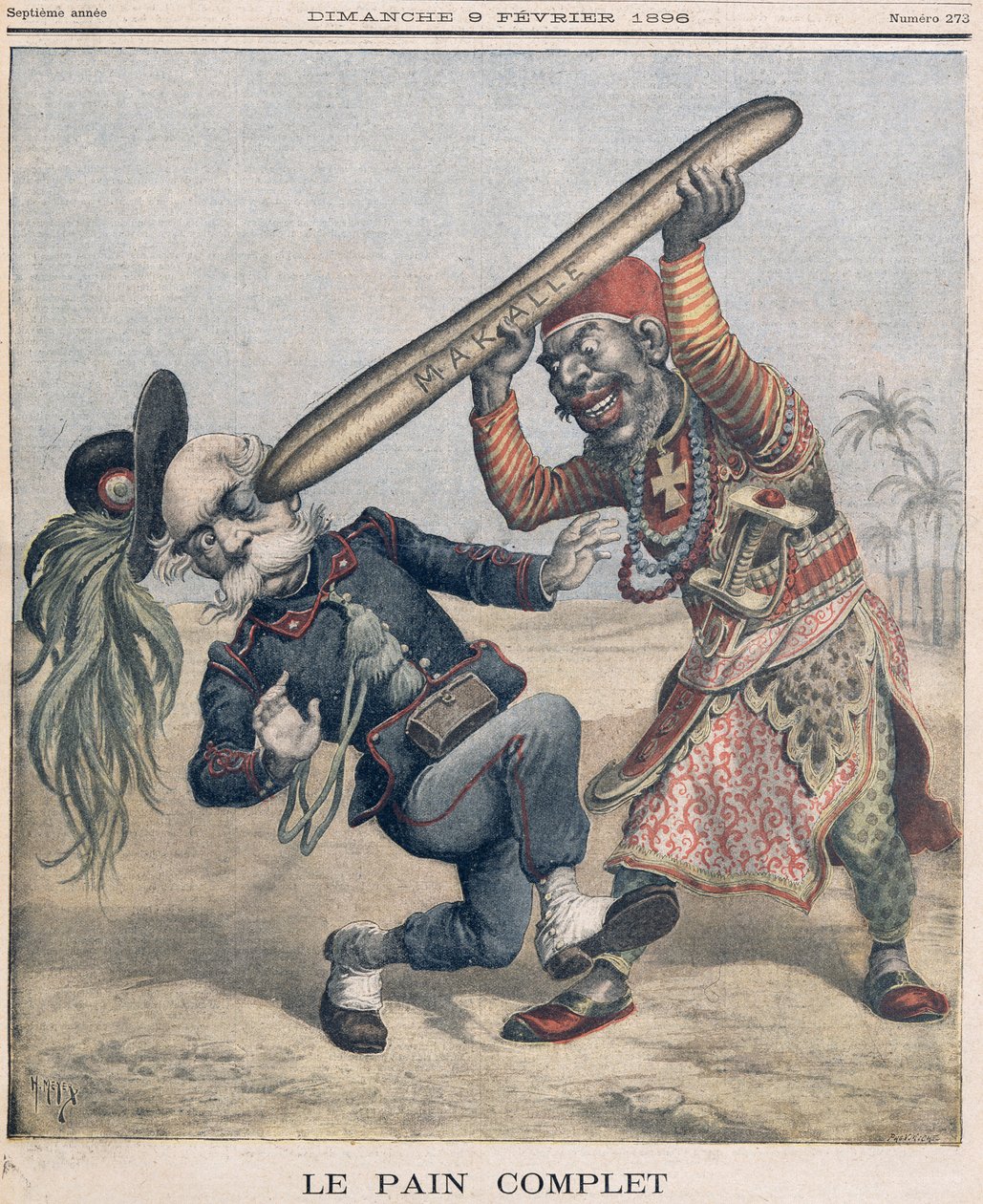 Karikatur von Francesco Crispi (1818-1901) und die Niederlage der italienischen Invasionsarmee bei der Belagerung von Makalle, Äthiopien. Titelblatt von 