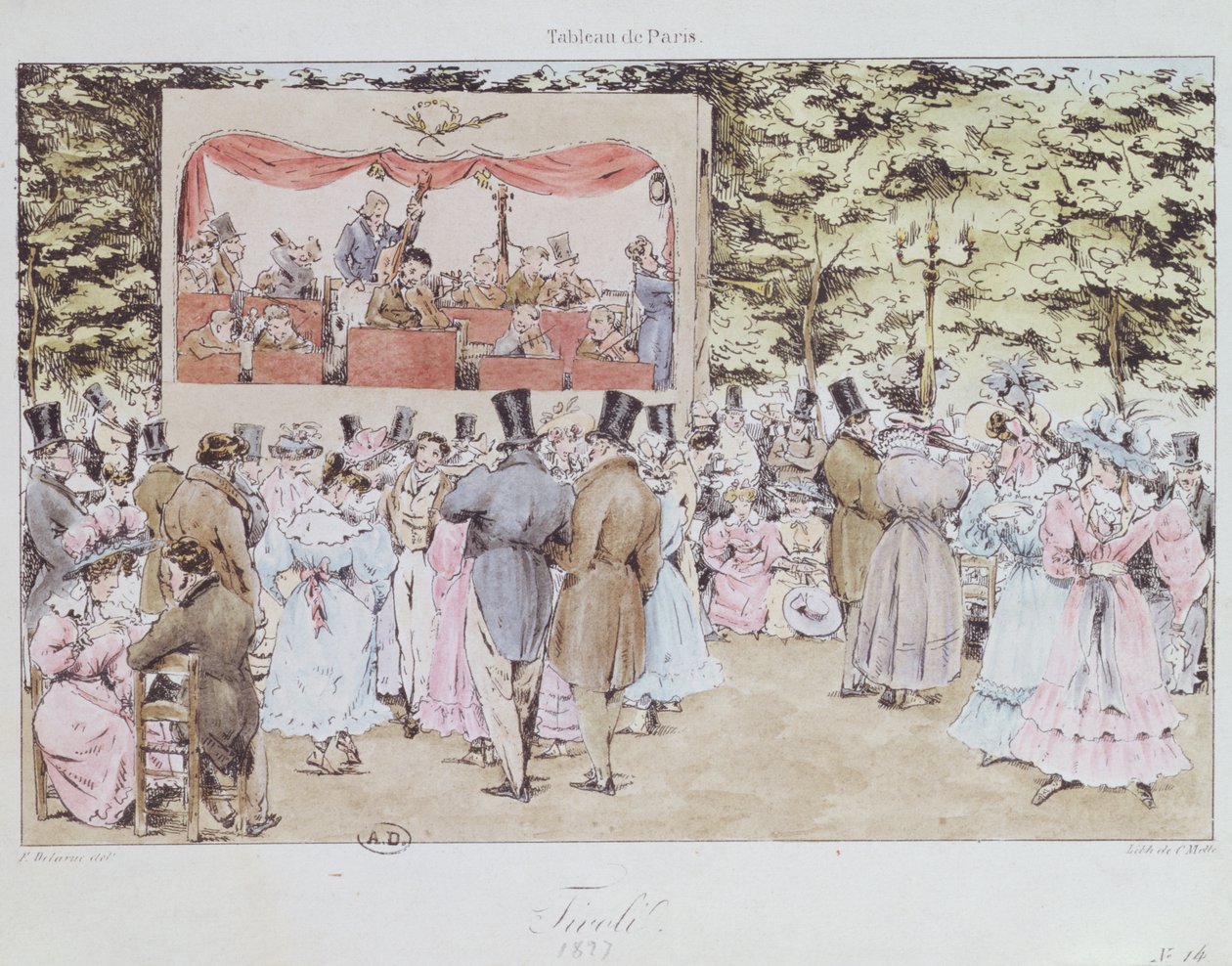Musikalische Unterhaltung im Neuen Tivoli-Garten, Paris, graviert von C. Motte, 1827 von Fortune Delarue