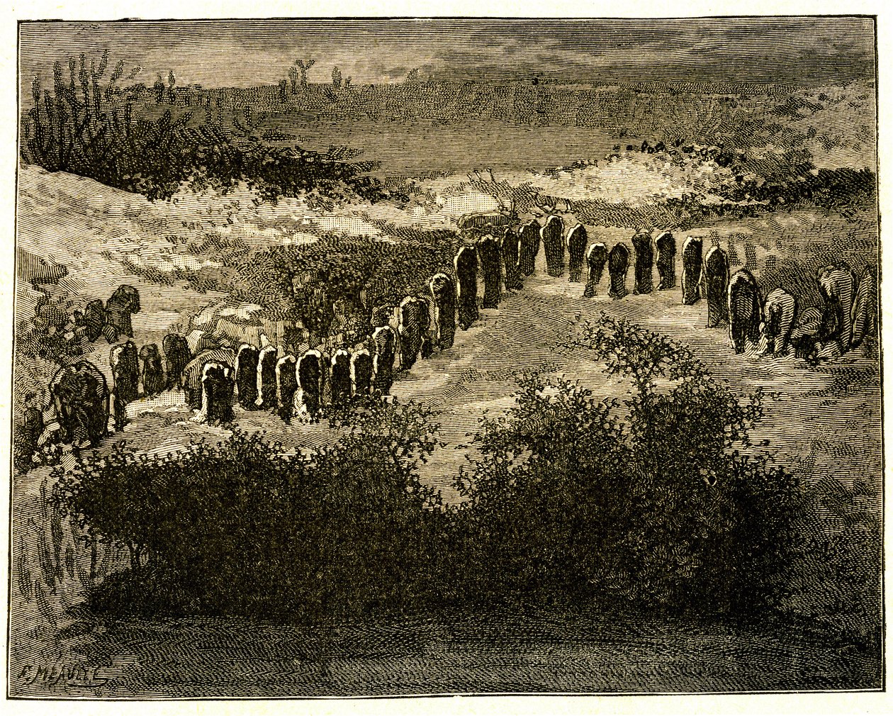 Carnac Menhir-Ausrichtungen. Zeichnung von Victor Hugo, graviert von Meaulle. Auszug aus dem Text von Hugo (En voyage en Bretagne) von Fortune Louis Meaulle