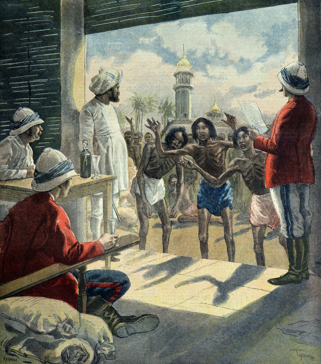 Hindus bitten die Engländer um Hilfe während der großen Hungersnot von 1896 - 1897 (Gravur) von Fortune Louis Meaulle
