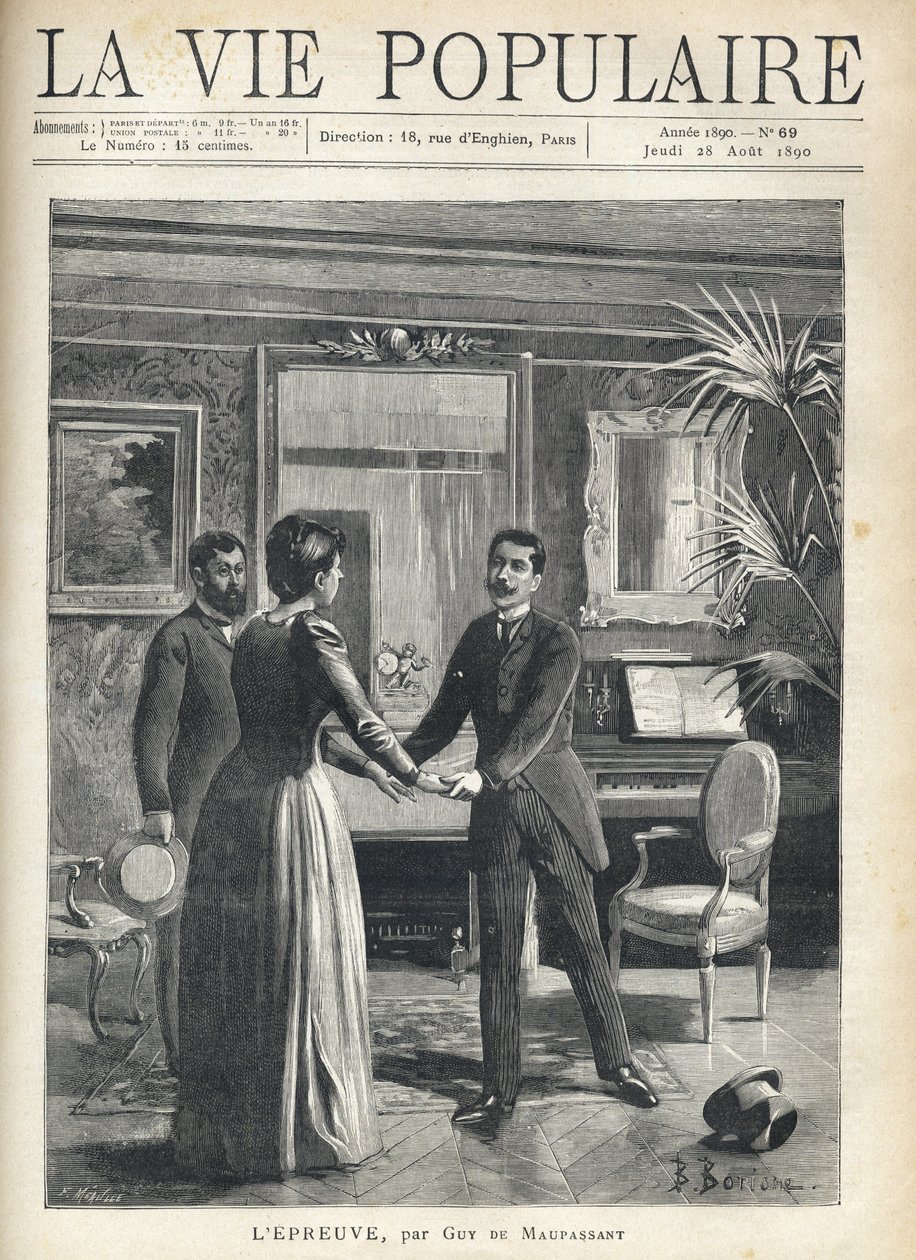 In einem bürgerlichen Wohnzimmer eilt ein Mann zur Hausherrin und ergreift ihre Hände, wobei er seinen Hut auf den Boden fallen lässt, unter dem erstaunten Blick eines anderen Mannes. Illustration von Bernard Borione von Fortune Louis Meaulle